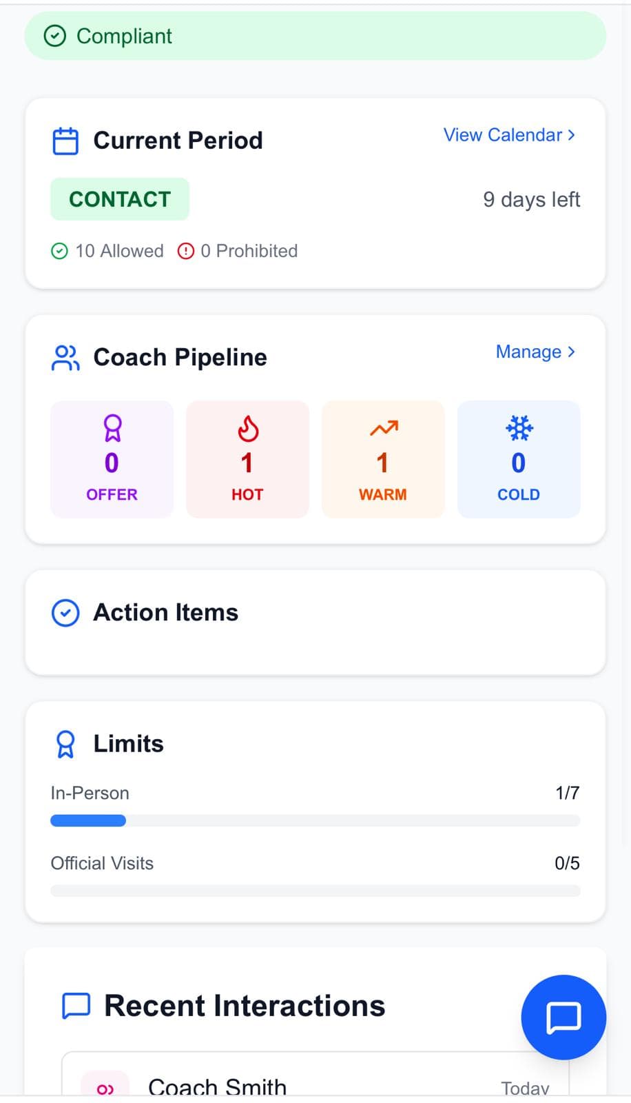 VRM Mobile Dashboard showing current NCAA period, coach pipeline, and compliance tracking